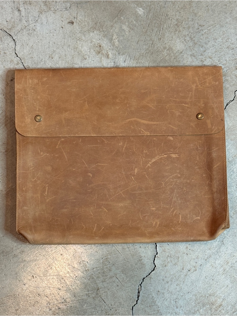 Waxed Brown Leather Laptop Sleeve with Snap Closure